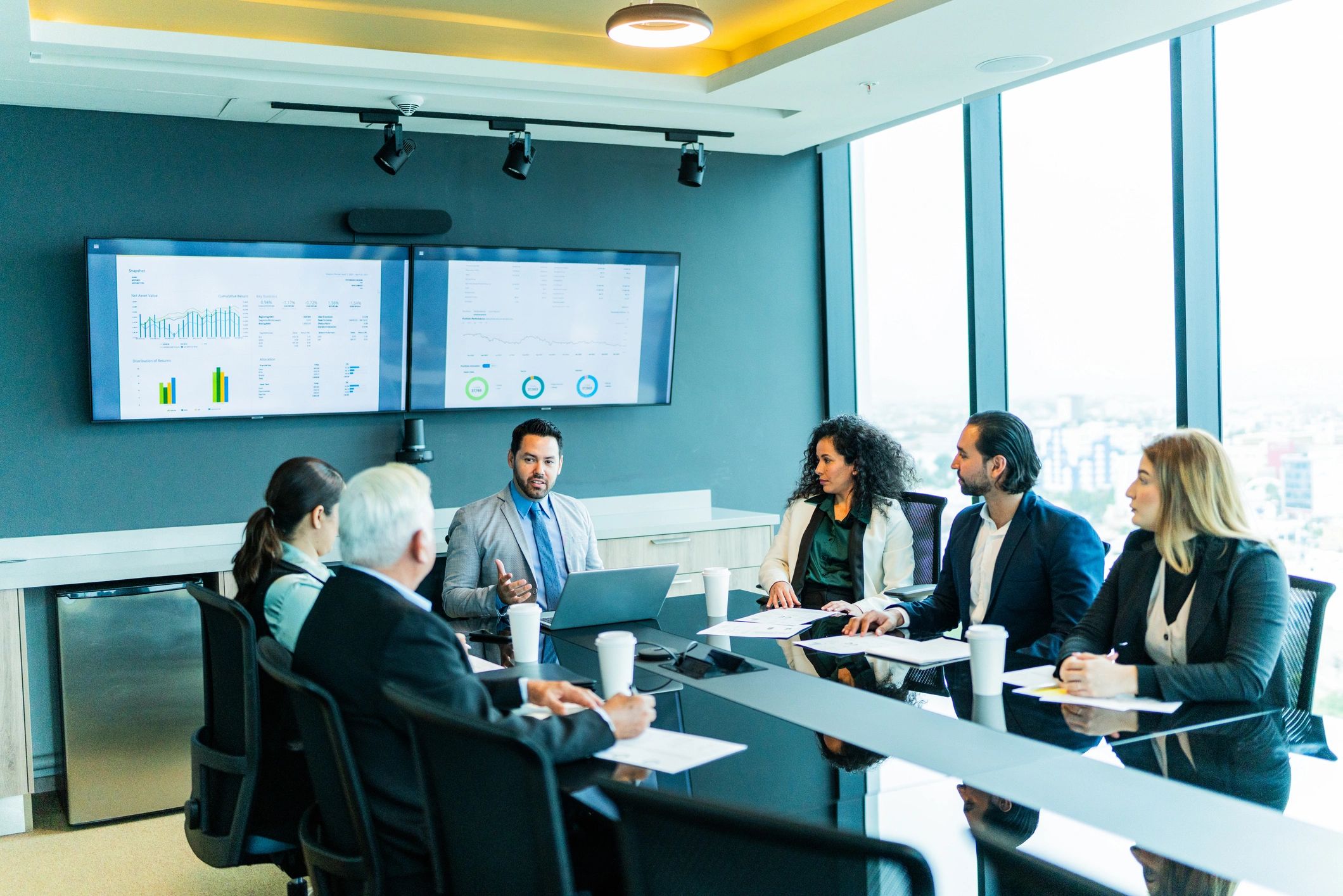 Professionals discussing strategy in a business meeting